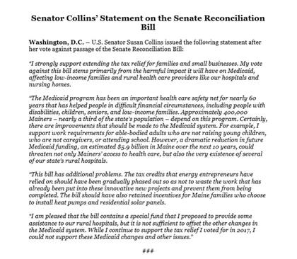 El comunicado oficial de la senadora Susan Collins sobre las razones detrás de su voto en contra