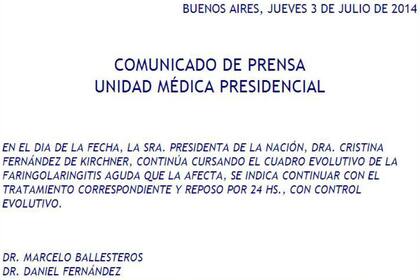 El comunicado oficial de la Unidad Médica Presidencial sobre la salud de Cristina Kirchner