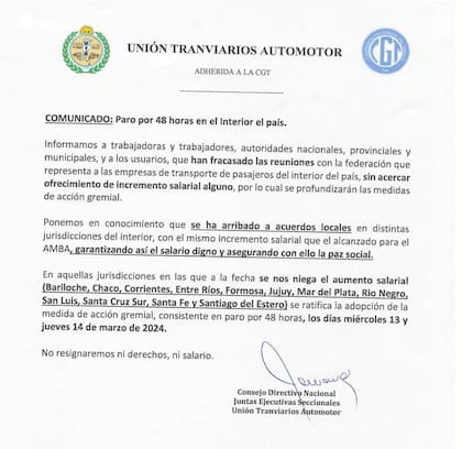El comunicado oficial de la UTA que ratifica el paro de colectivos en el interior del país este miércoles 13 y jueves 14 de marzo