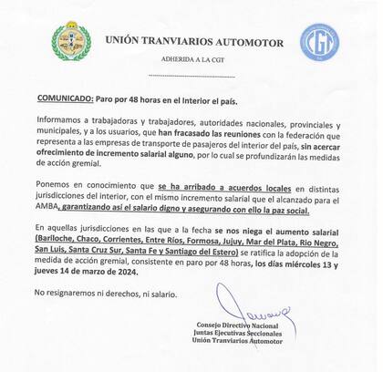 El comunicado oficial de la UTA que ratifica el paro de colectivos en el interior del país este miércoles 13 y jueves 14 de marzo