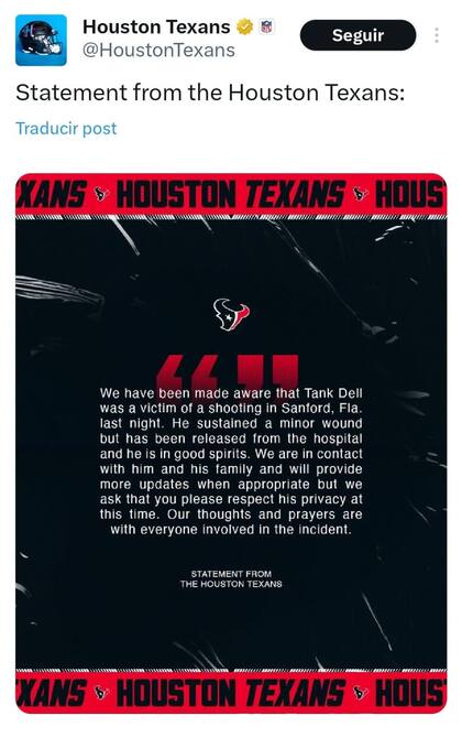 El comunicado oficial de los Houston Texans