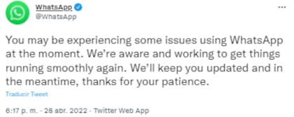 El comunicado oficial de WhatsApp en Twitter tras las fallas en el servicio
