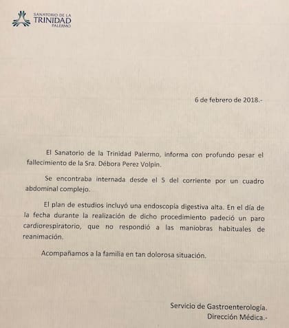 El comunicado oficial del sanatorio