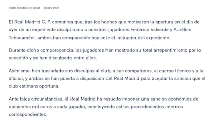 El comunicado oficial del club merengue