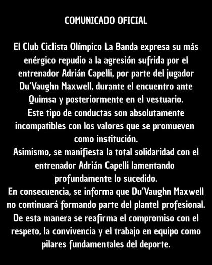 El comunicado oficial del Club Ciclista Olímpico La Banda tras la agresión al DT Adrián Capelli
