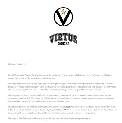 El comunicado oficial del club Virtus Bologna tras el incidente con Luca Vildoza y su mujer