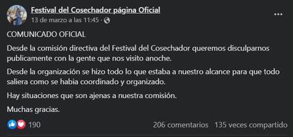 El comunicado oficial del Festival del Cosechador