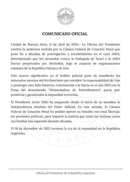 El comunicado oficial del Gobierno sobre la resolución de la Justicia respecto al atentado a la AMIA