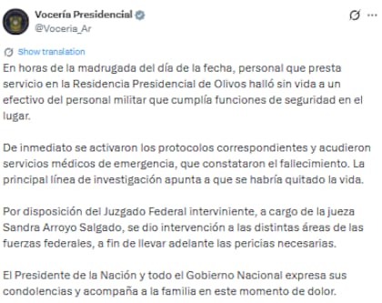 El comunicado oficial del Gobierno tras la muerte del militar en Olivos (X:@Voceria_Ar)