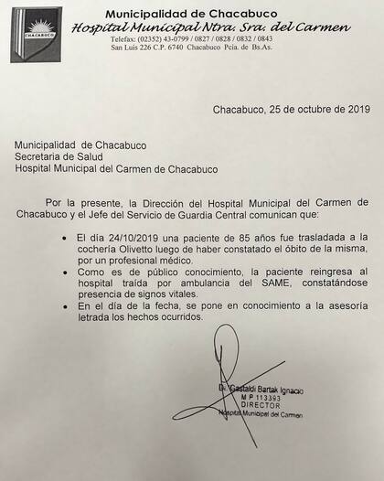 El comunicado oficial del Hospital Municipal