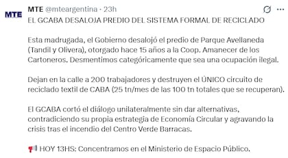 El comunicado oficial del Movimiento de Trabajadores Excluidos (X:@mteargentina)