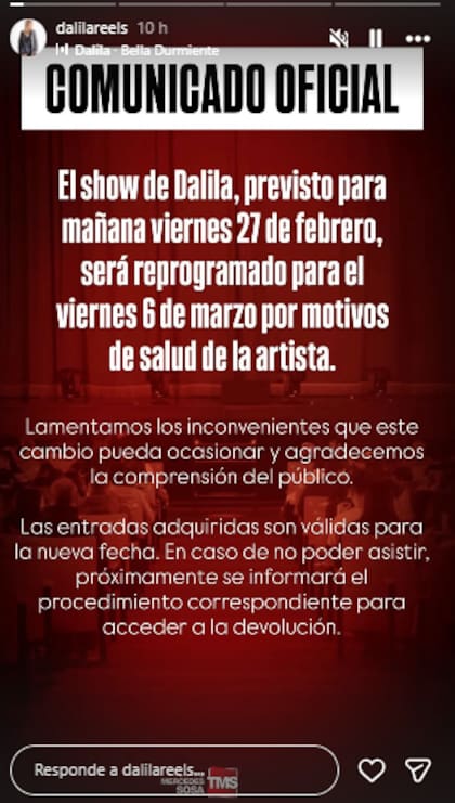 El comunicado oficial que compartieron desde las redes de Dalila tras la reprogramación del show (Foto: Instagram @dalilareels)