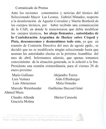 El comunicado oficial que difundió hoy la CAH
