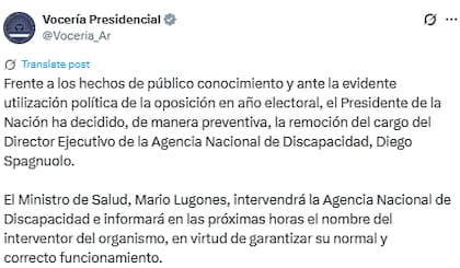 El comunicado oficial sobre la remoción del director de la Andis