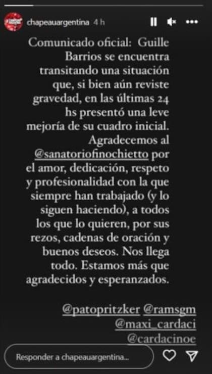 El comunicado oficial sobre la salud de Guillermo Barrios