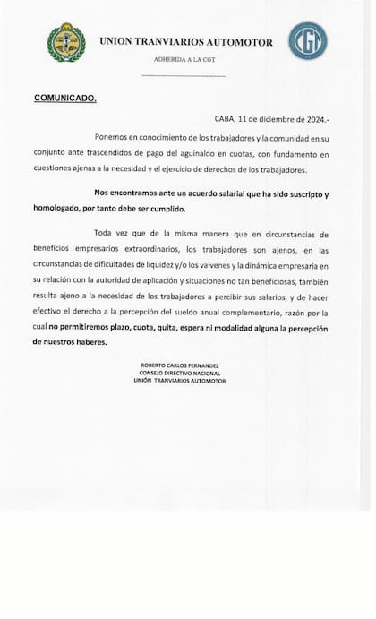 El comunicado por el cual la UTA denunció por la falta de pago del aguinaldo para los choferes de colectivos