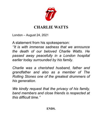 El comunicado por el fallecimiento de Charlie Watts