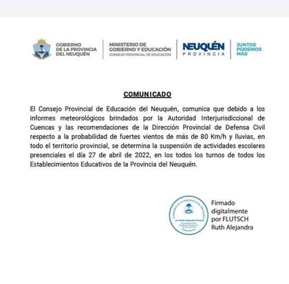 El comunicado por la suspensión de las clases en Neuquén