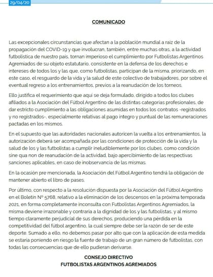 El comunicado presentado por la gremial de los jugadores