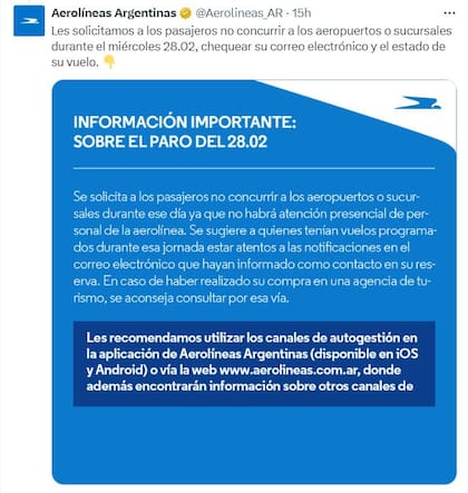 El comunicado publicado ayer en las redes sociales de Aerolíneas Argentinas