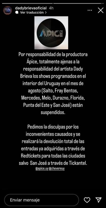 El comunicado que anunció la suspensión de la gira de Brieva en Uruguay
