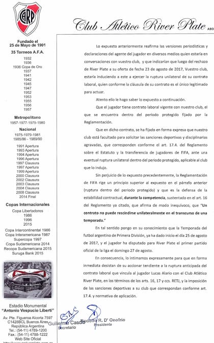 El comunicado que anunció River sobre Lucas Alario