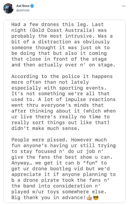 El comunicado que compartió Axl Rose en su perfil de Twitter.