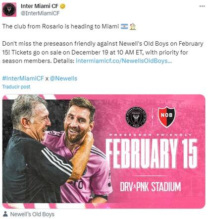 El comunicado que compartió el Inter Miami el 18 de diciembre sobre el partido amistoso con Newell's