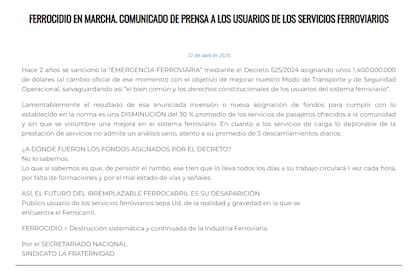 El comunicado que compartió La Fraternidad el 22 de abril