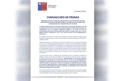 El comunicado que compartió Subsecretaria del Interior de Chile sobre la expulsión de un ciudadano argentino