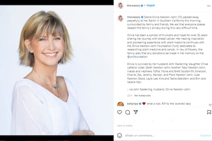 El comunicado que confirmó la noticia del fallecimiento de la cantante (Foto: Instagram @therealonj)