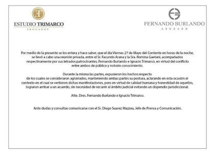 El comunicado que difundieron los abogados
