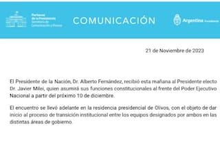 El comunicado de Presidencia tras la reunión de Alberto Fernández y Javier Milei