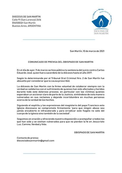 El comunicado que emitió el obispado de San Martín luego de la absolución de Carlos Eduardo José