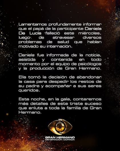 El comunicado que emitió Gran Hermano tras la noticia de la muerte del padre de Daniela De Lucía (Foto: Instagram/@granhermanoar)