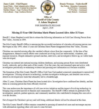 El comunicado que emitió la Oficina del Sheriff del Condado de Gilia tras la aparición de Plante (Foto: Sheriff's Office)