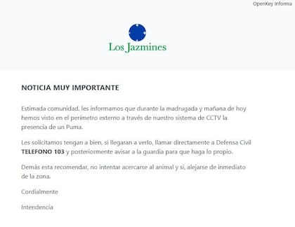 El comunicado que la administración del barrio privado Los Jazmines envió a sus vecinos tras detectar la presencia de un puma