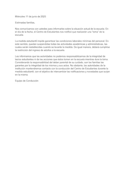 El comunicado que les llegó a las familias