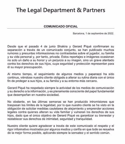 El comunicado que los abogados de Gerard Piqué publicaron este jueves 1 de septiembre