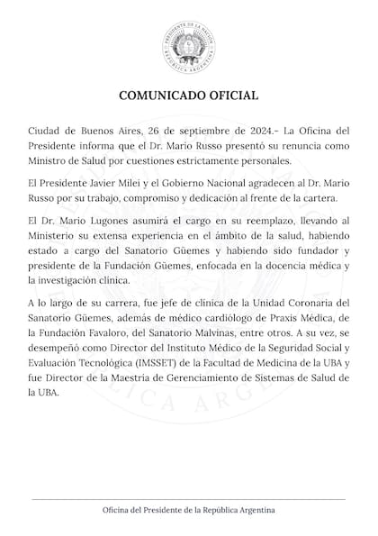 El comunicado que oficializa la salida de Mario Russo y el desembarco de Mario Lugones en Salud
