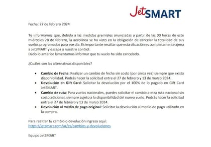 El comunicado que publicó JetSmart en su página web