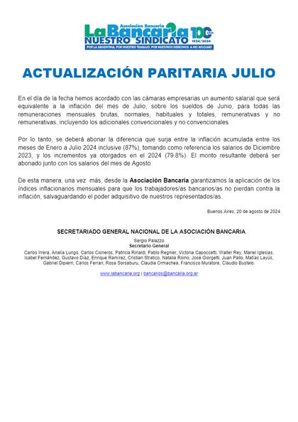 El comunicado que publicó La Bancaria sobre el último acuerdo salarial que corresponde a la remuneración de julio, pero que se abona en la de agosto