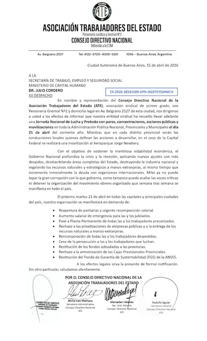 El comunicado que ratifica el paro de ATE ANAC este martes que compartió Rodolfo Aguilar en X