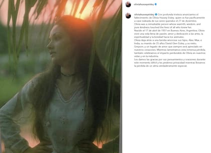 El comunicado sobre la muerte de la actriz (Foto: Captura Instagram/@oliviahusseyeisley)