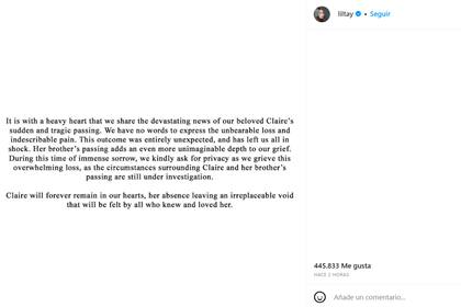 El comunicado sobre la muerte de Lil Tay publicado en su cuenta de Instagram