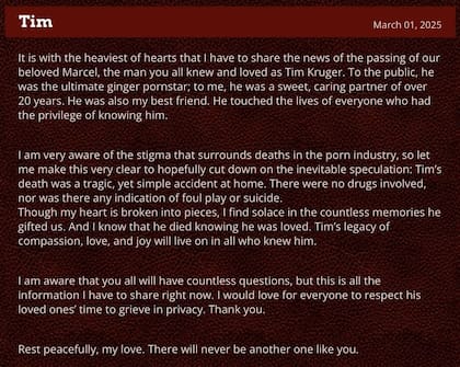 El comunicado sobre la muerte de Tim Kruger que se publicó en el sitio oficial de su empresa