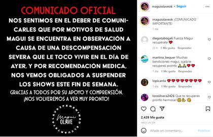 El comunicado sobre la salud de Magui Olave (Foto: Instagram @maguiolaveok)