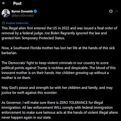 El congresista Byron Donalds prometió una política de "tolerancia cero" hacia la inmigración ilegal tras el reciente y violento asesinato de una mujer en Fort Myers
