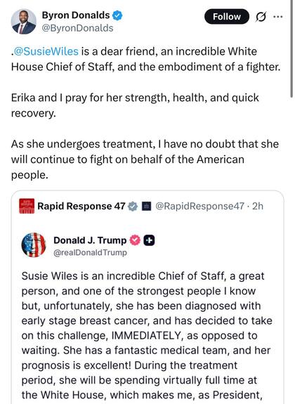 El congresista de Florida, Byron Donalds, destacó la fortaleza de la jefa de Gabinete, Susie Wiles, en su lucha contra el cáncer