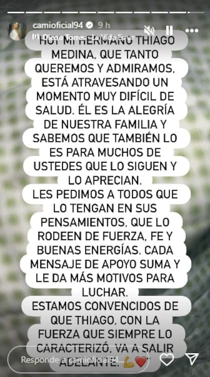 El conmovedor pedido de Camila, hermana de Thiago Medina tras conocer el parte médico